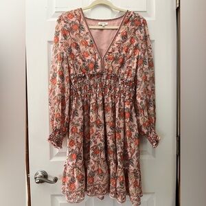 Max Studio Longsleeve Pink Floral V-Neck Smocked Waist Dress